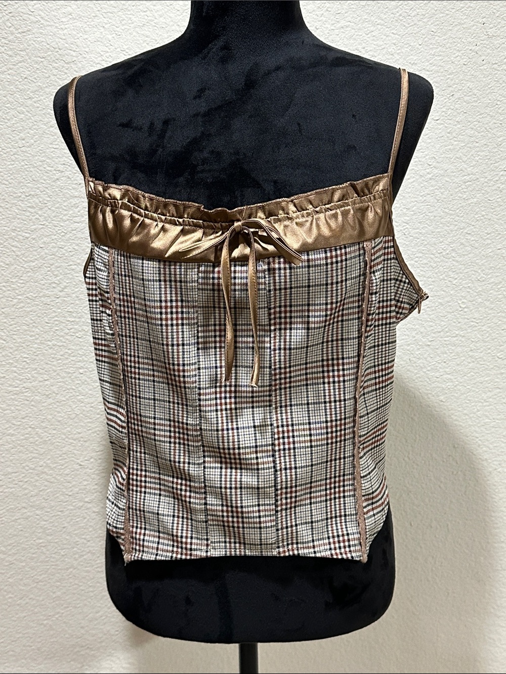 Fashion Nova Plaid Satin-Trim Cami Top - Bronze & Cream